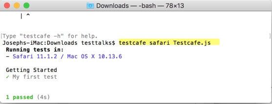 TestCafe run test command